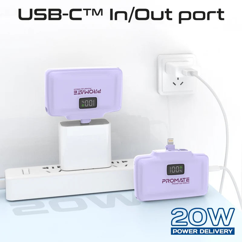 PROMATE PowerUp-10Duo Ultra-Compact Fast Charging Power Bank - 20W / USB-C / Lightning / Purple