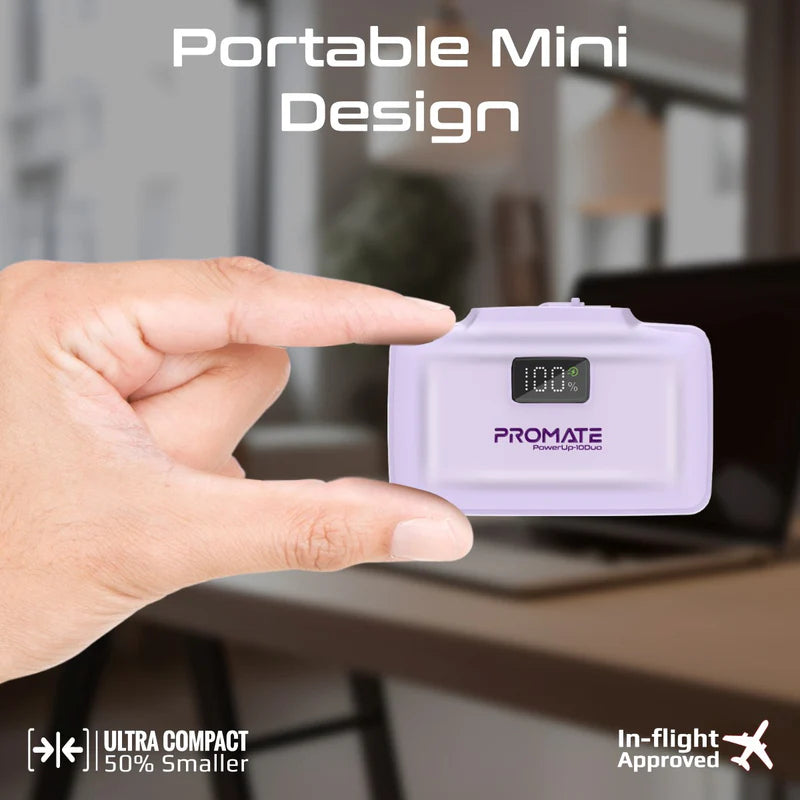 PROMATE PowerUp-10Duo Ultra-Compact Fast Charging Power Bank - 20W / USB-C / Lightning / Purple