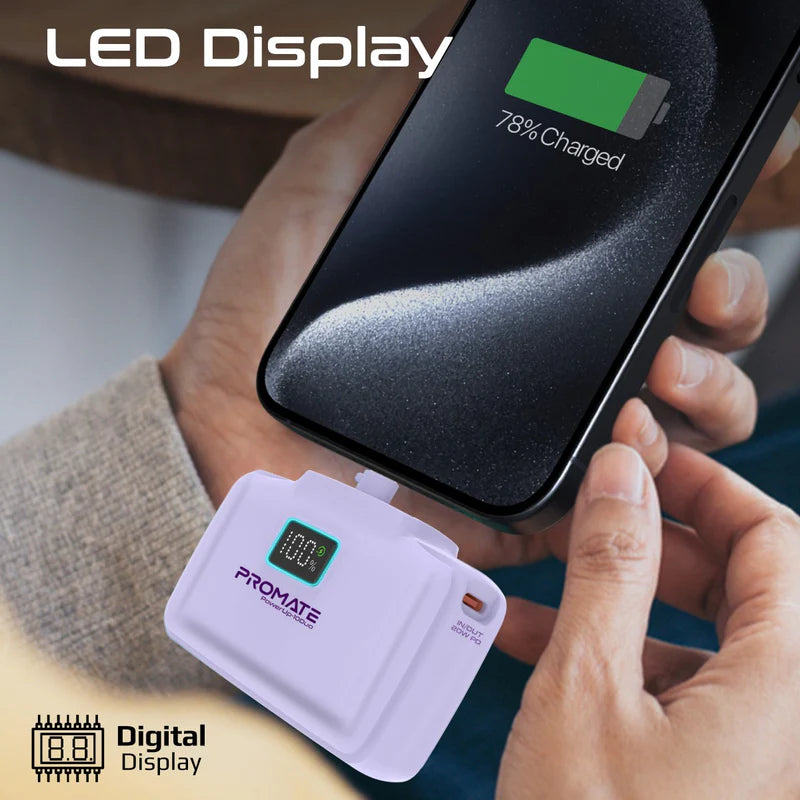 PROMATE PowerUp-10Duo Ultra-Compact Fast Charging Power Bank - 20W / USB-C / Lightning / Purple