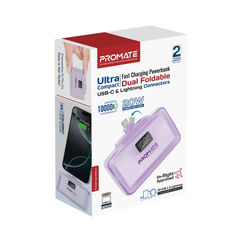 PROMATE PowerUp-10Duo Ultra-Compact Fast Charging Power Bank - 20W / USB-C / Lightning / Purple