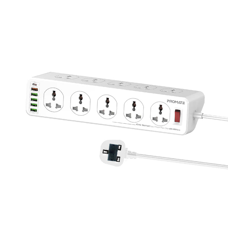 PROMATE PowerMatrix-5M 10 Way Surge Power Strip - 30W / 5 Meter / USB-A / USB-C / White