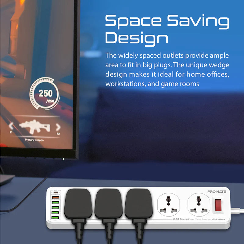 PROMATE PowerMatrix-5M 10 Way Surge Power Strip - 30W / 5 Meter / USB-A / USB-C / White