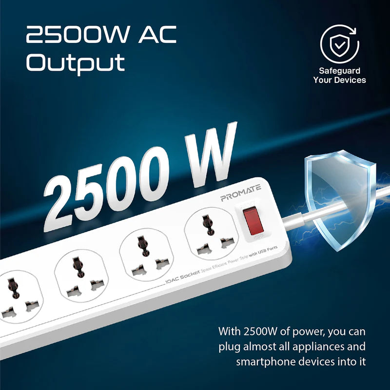 PROMATE PowerMatrix-5M 10 Way Surge Power Strip - 30W / 5 Meter / USB-A / USB-C / White