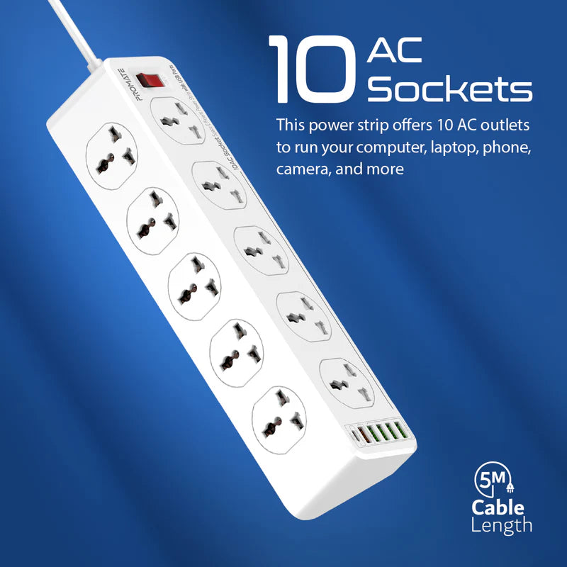 PROMATE PowerMatrix-5M 10 Way Surge Power Strip - 30W / 5 Meter / USB-A / USB-C / White