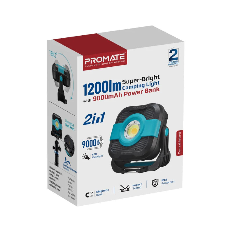 PROMATE CampMate-3 Power Bank With Camping Light - 9000mah / USB-C / Black