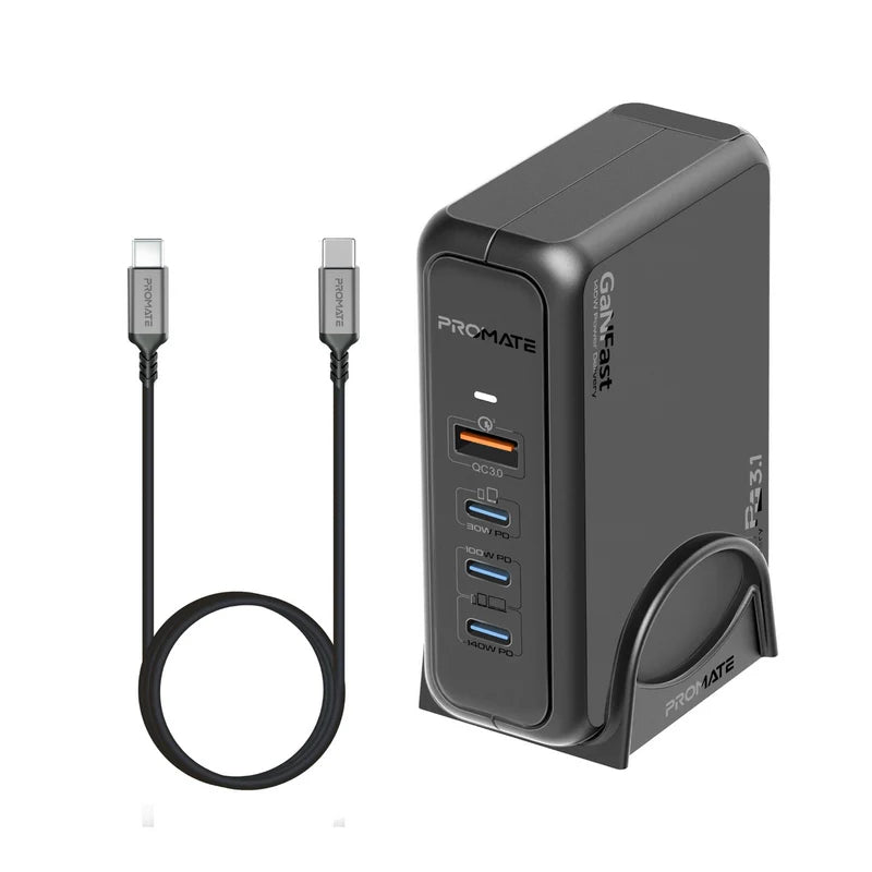 PROMATE GaNPort-140W Power Delivery With Charging Station - 140W / USB-C / USB-A / Black