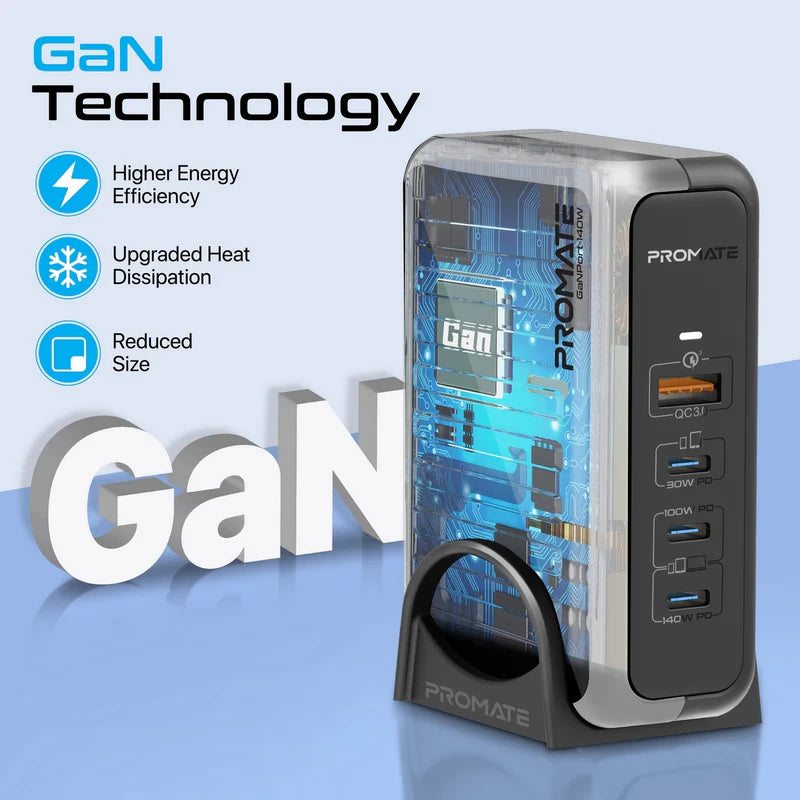 PROMATE GaNPort-140W Power Delivery With Charging Station - 140W / USB-C / USB-A / Black