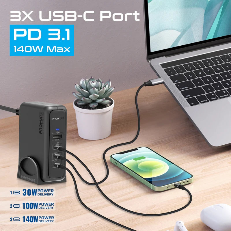 PROMATE GaNPort-140W Power Delivery With Charging Station - 140W / USB-C / USB-A / Black