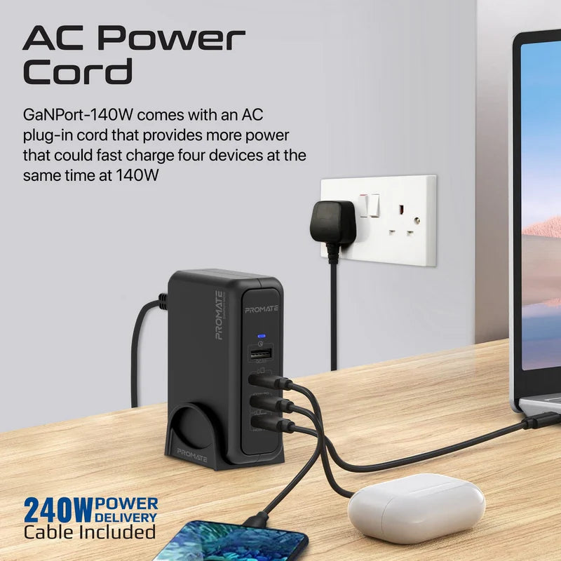 PROMATE GaNPort-140W Power Delivery With Charging Station - 140W / USB-C / USB-A / Black