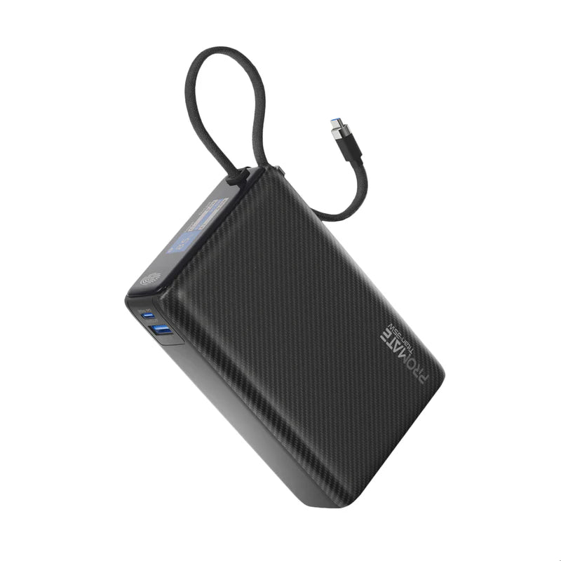 PROMATE Titan-35W Power Bank with Built-in USB-C Cable - 35W / USB-C / USB-A / Black