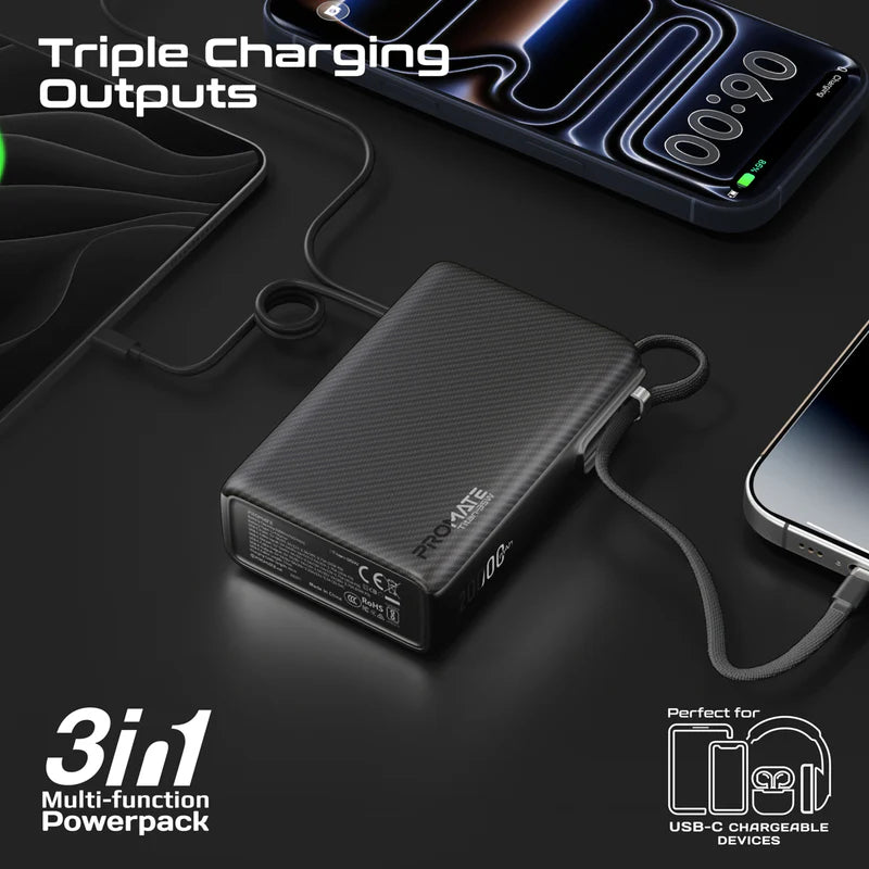 PROMATE Titan-35W Power Bank with Built-in USB-C Cable - 35W / USB-C / USB-A / Black