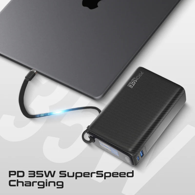 PROMATE Titan-35W Power Bank with Built-in USB-C Cable - 35W / USB-C / USB-A / Black