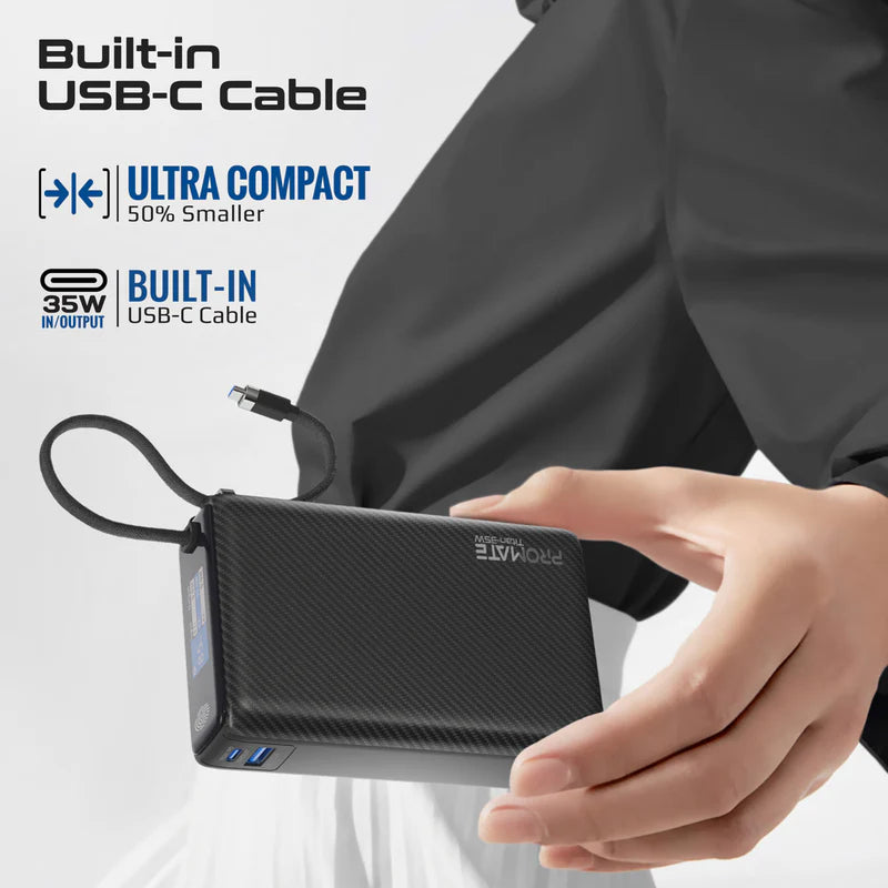 PROMATE Titan-35W Power Bank with Built-in USB-C Cable - 35W / USB-C / USB-A / Black