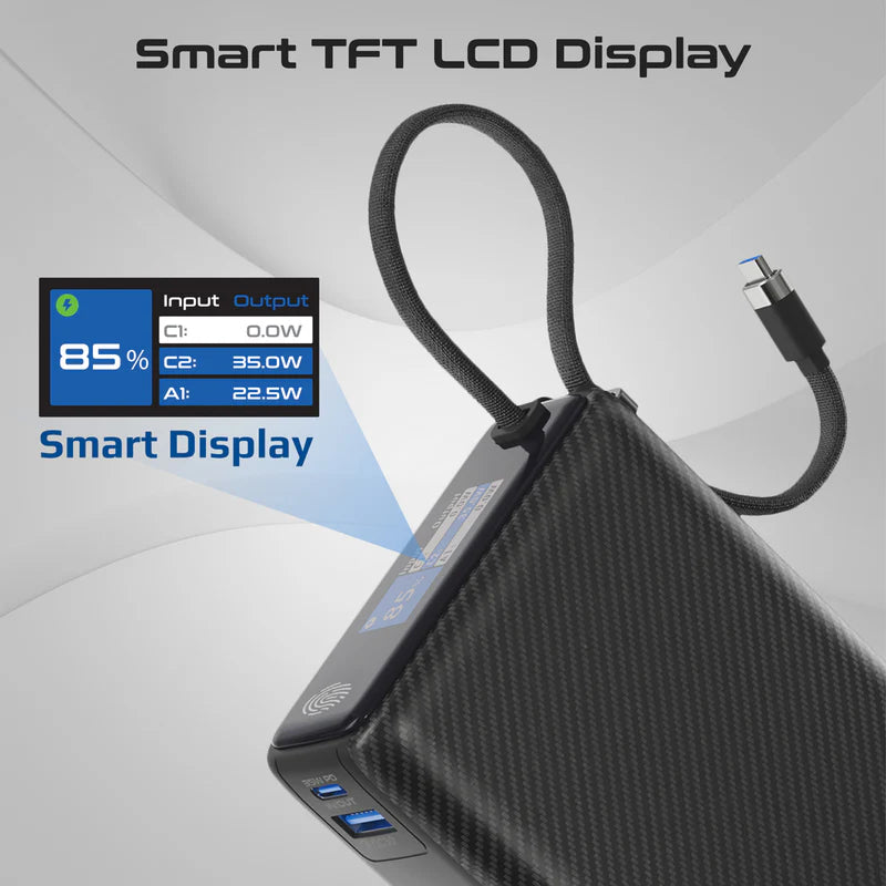 PROMATE Titan-35W Power Bank with Built-in USB-C Cable - 35W / USB-C / USB-A / Black