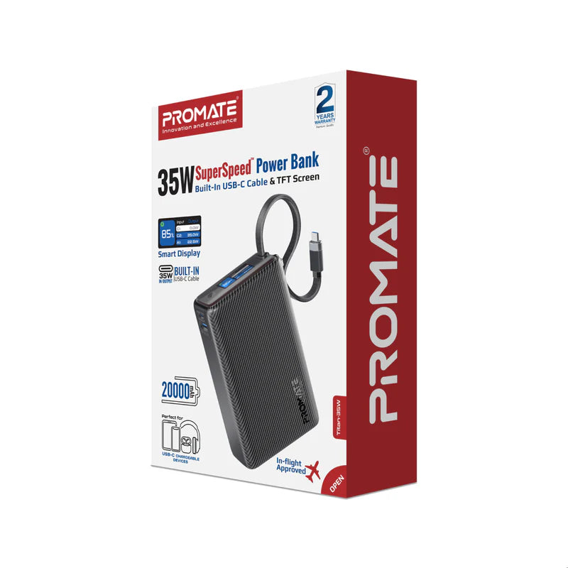 PROMATE Titan-35W Power Bank with Built-in USB-C Cable - 35W / USB-C / USB-A / Black