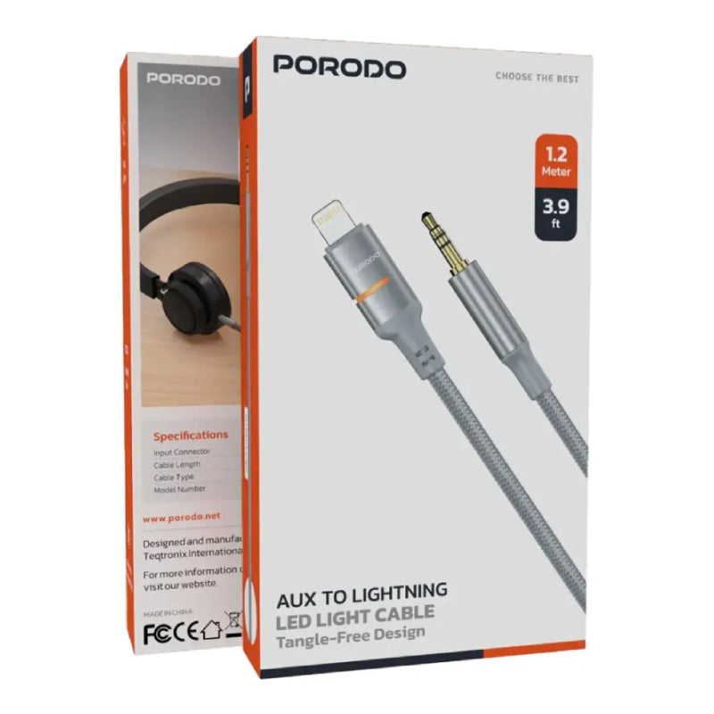 Porodo AUX to Lightning LED Light Cable - 1.2 Meter / Gray