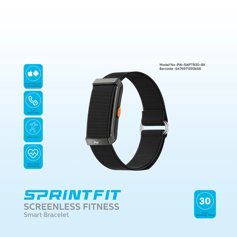 Pawa SprintFit Screenless Fitness Smart Bracelet - 190mAh / Bluetooth / Black