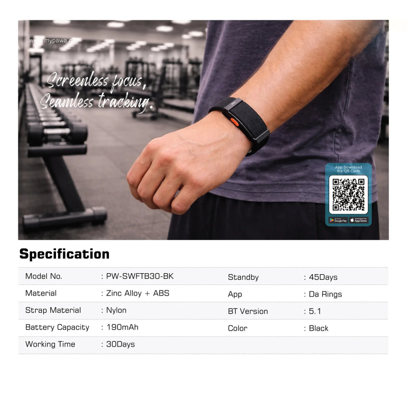 Pawa SprintFit Screenless Fitness Smart Bracelet - 190mAh / Bluetooth / Black