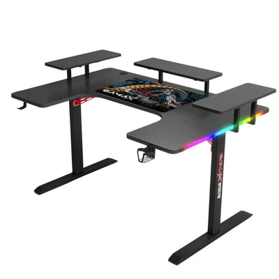 Gamax P203 RGB Carbon Fiber Gaming Workstation Desk with Multi-Level Shelves & Mousepad - Black