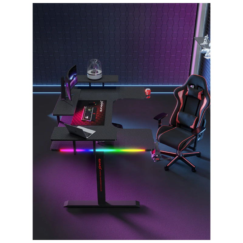 Gamax P203 RGB Carbon Fiber Gaming Workstation Desk with Multi-Level Shelves & Mousepad - Black