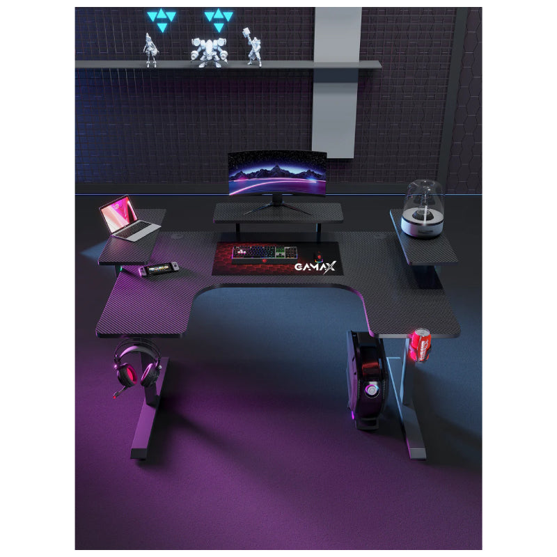 Gamax P203 RGB Carbon Fiber Gaming Workstation Desk with Multi-Level Shelves & Mousepad - Black