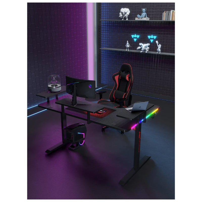 Gamax P203 RGB Carbon Fiber Gaming Workstation Desk with Multi-Level Shelves & Mousepad - Black