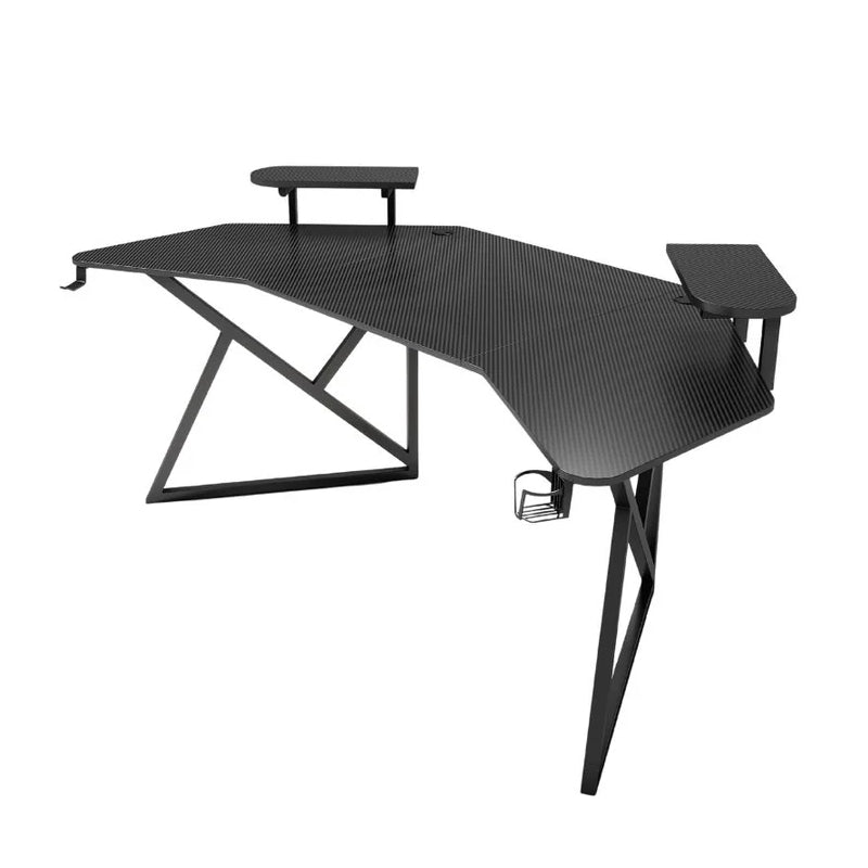 Gamax D2204B Curved Carbon fiber Gaming Table with Multi Level Shelves & Mousepad - Black