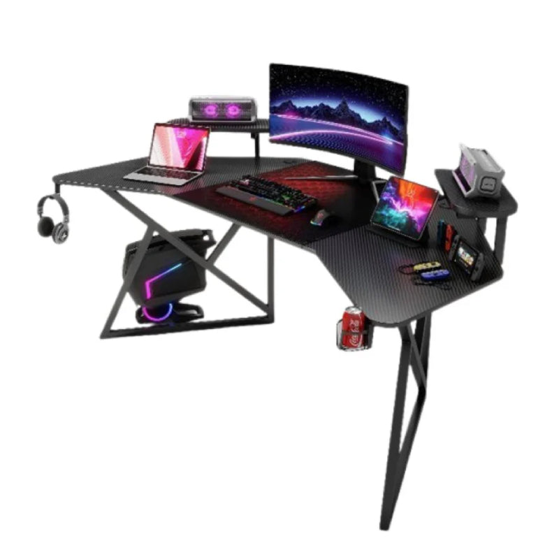 Gamax D2204B Curved Carbon fiber Gaming Table with Multi Level Shelves & Mousepad - Black