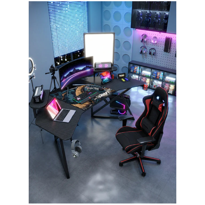 Gamax D2204B Curved Carbon fiber Gaming Table with Multi Level Shelves & Mousepad - Black