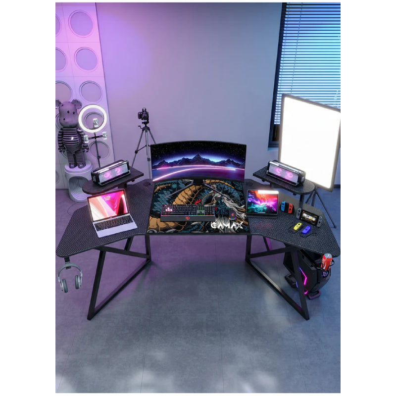 Gamax D2204B Curved Carbon fiber Gaming Table with Multi Level Shelves & Mousepad - Black