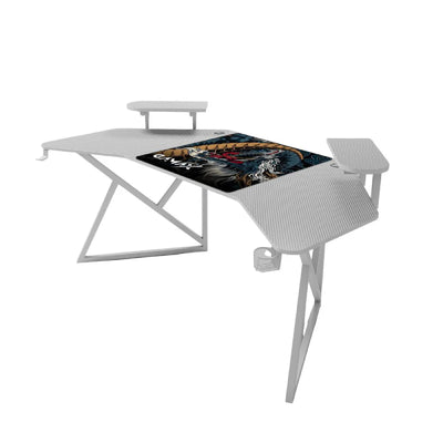 Gamax D2204W Curved Carbon Fiber Gaming Table with Multi Level Shelves & Mousepad - White