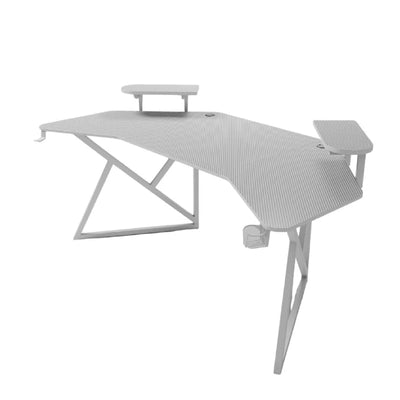 Gamax D2204W Curved Carbon Fiber Gaming Table with Multi Level Shelves & Mousepad - White