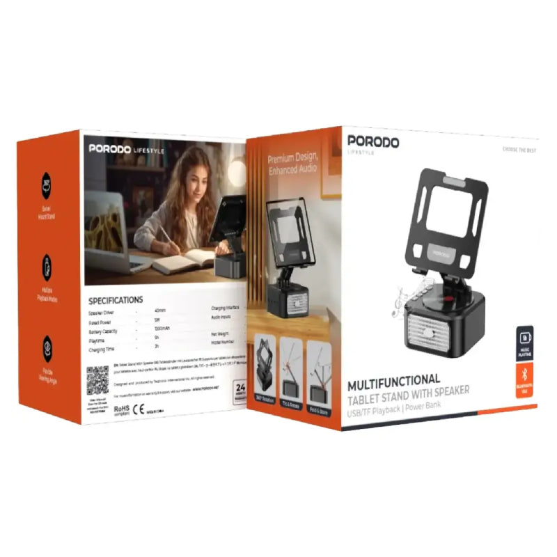 Porodo Lifestyle Multifunctional Tablet Stand with Speaker & Power Bank - Black