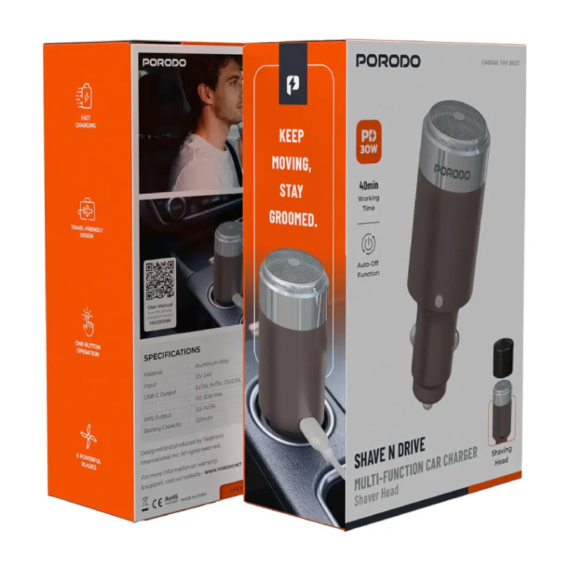 Porodo Shave N Drive Multi-Function Car Charger with Shaver Head - Brown