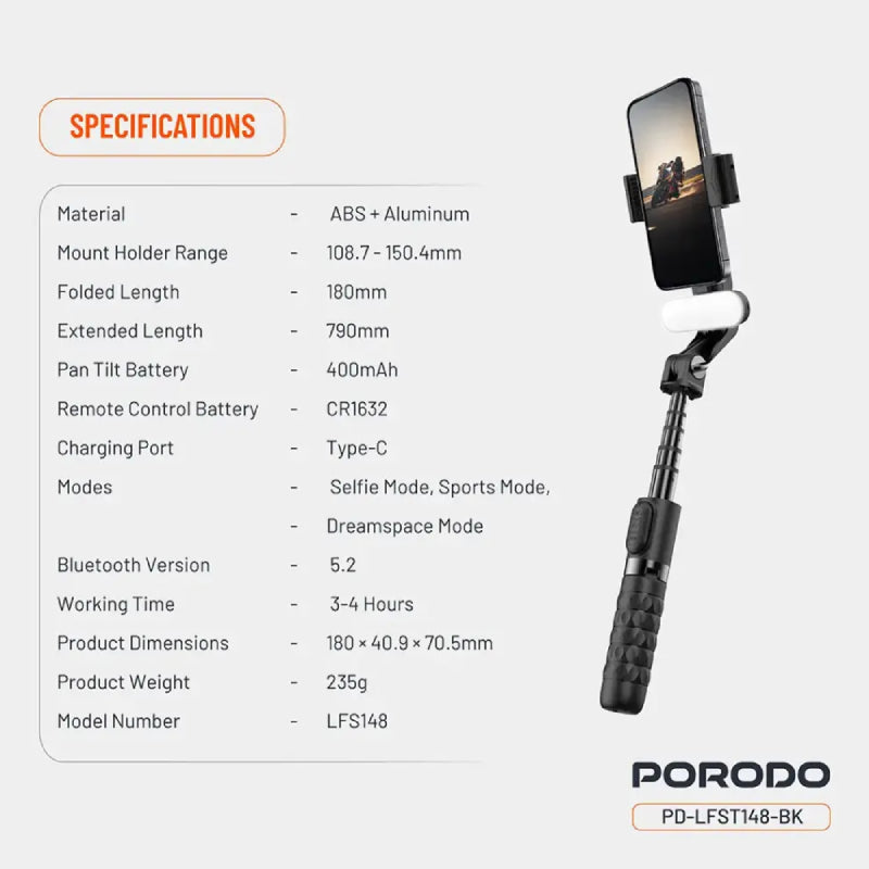 Porodo QuadBase Gimbal Stabilizer - Black