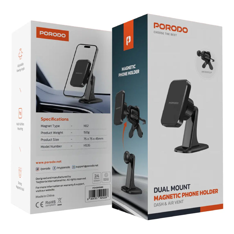 Porodo Dual Mount Magnetic Phone Holder - Black