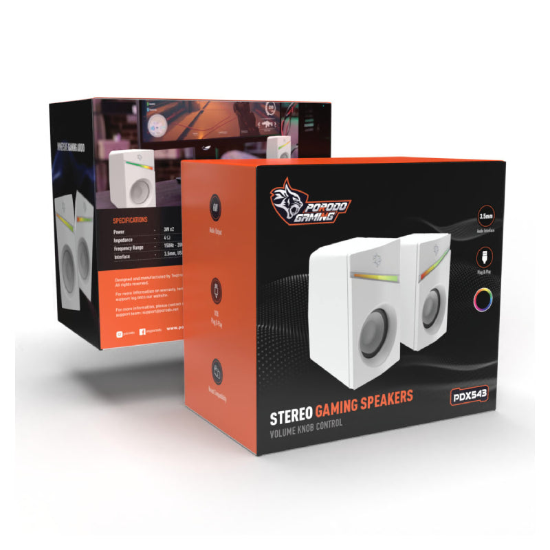 Porodo Gaming Gaming Stereo Wired Speakers Volume Knob Control - 1.1 Meter / 3.5mm Aux / USB - White