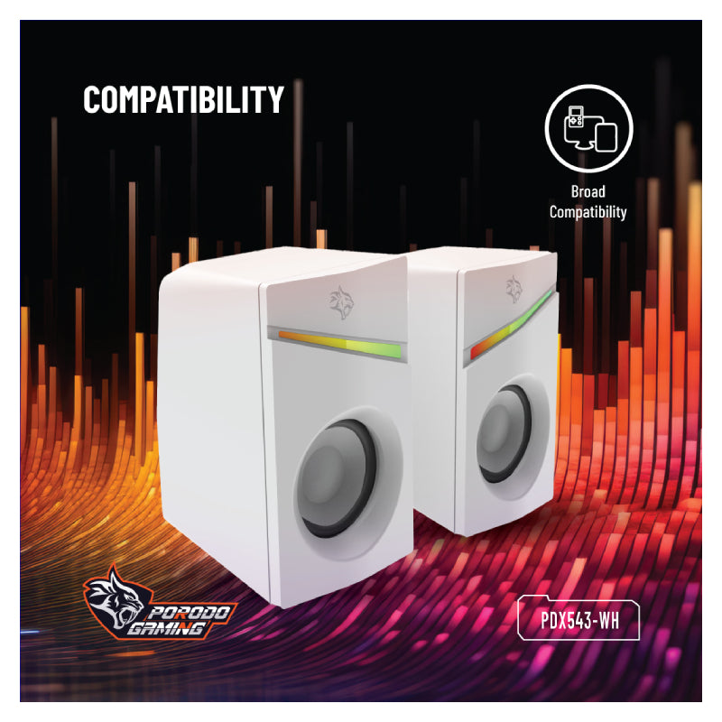 Porodo Gaming Gaming Stereo Wired Speakers Volume Knob Control - 1.1 Meter / 3.5mm Aux / USB - White