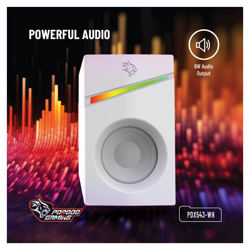Porodo Gaming Gaming Stereo Wired Speakers Volume Knob Control - 1.1 Meter / 3.5mm Aux / USB - White