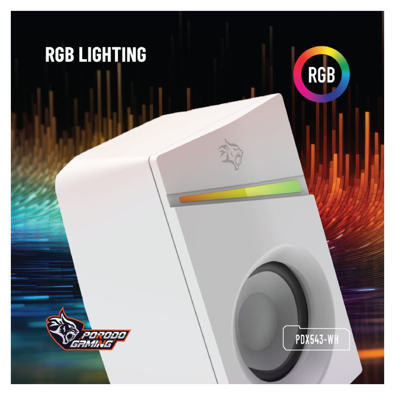 Porodo Gaming Gaming Stereo Wired Speakers Volume Knob Control - 1.1 Meter / 3.5mm Aux / USB - White