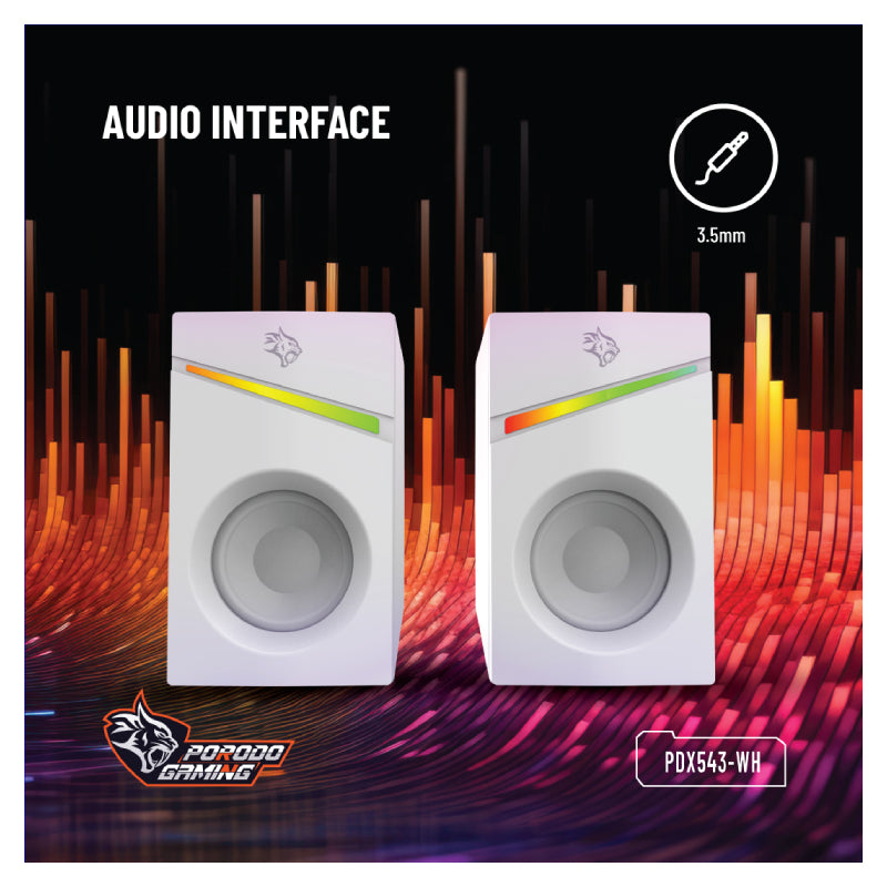 Porodo Gaming Gaming Stereo Wired Speakers Volume Knob Control - 1.1 Meter / 3.5mm Aux / USB - White