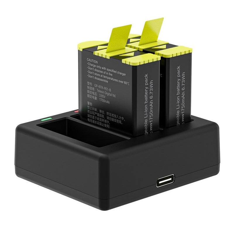 TELESIN 3 Slots Charger with 2 Batteries for GoPro 9/10/11 - Black