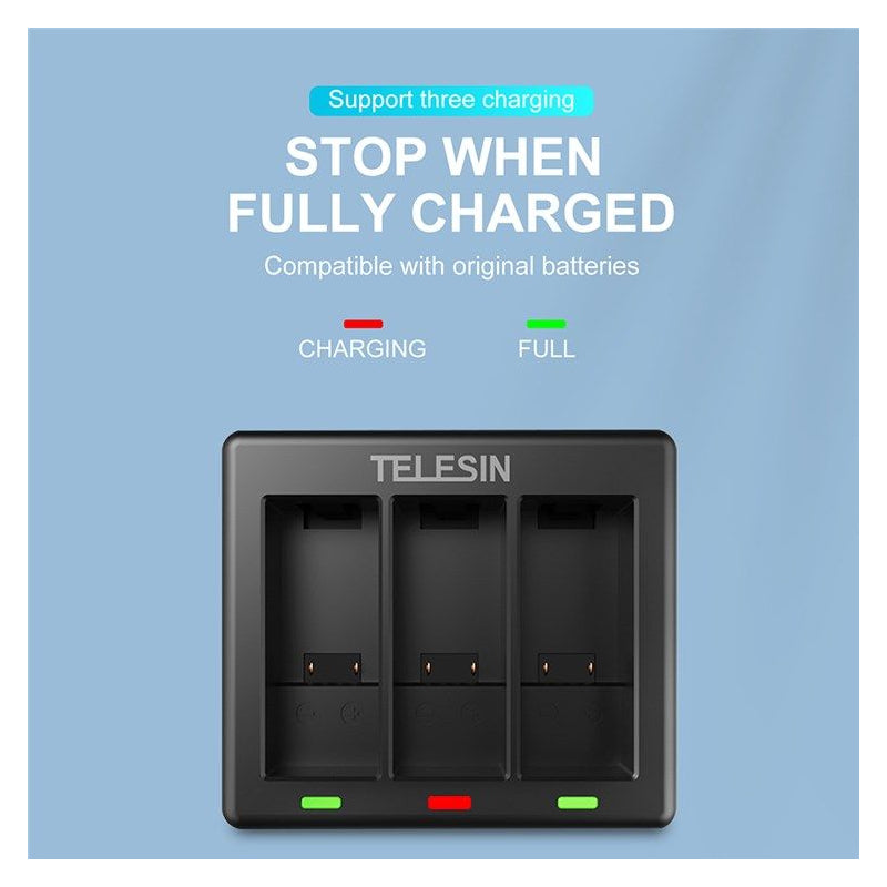 TELESIN 3 Slots Charger with 2 Batteries for GoPro 9/10/11 - Black