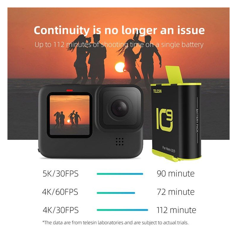 TELESIN 3 Slots Charger with 2 Batteries for GoPro 9/10/11 - Black