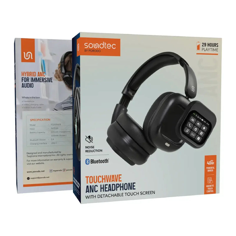 Porodo Soundtech TouchWave Active Noise Cancelling Headphones - 300mAh / Bluetooth / Black