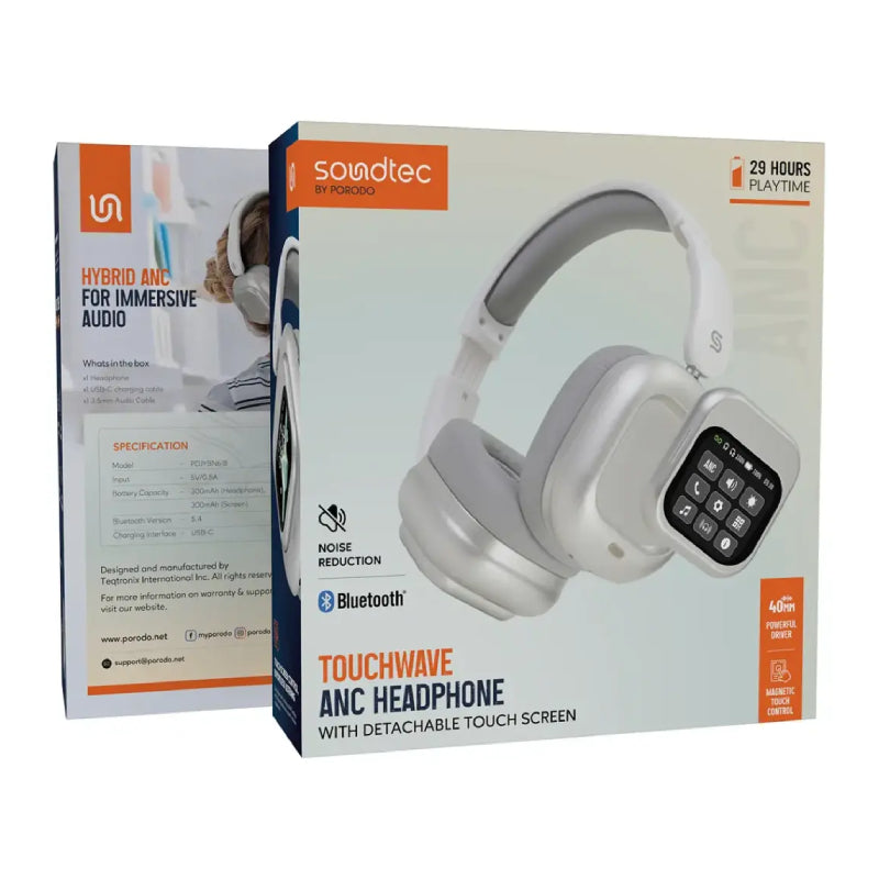 Porodo Soundtech TouchWave Active Noise Cancelling Headphones - 300mAh / Bluetooth / White