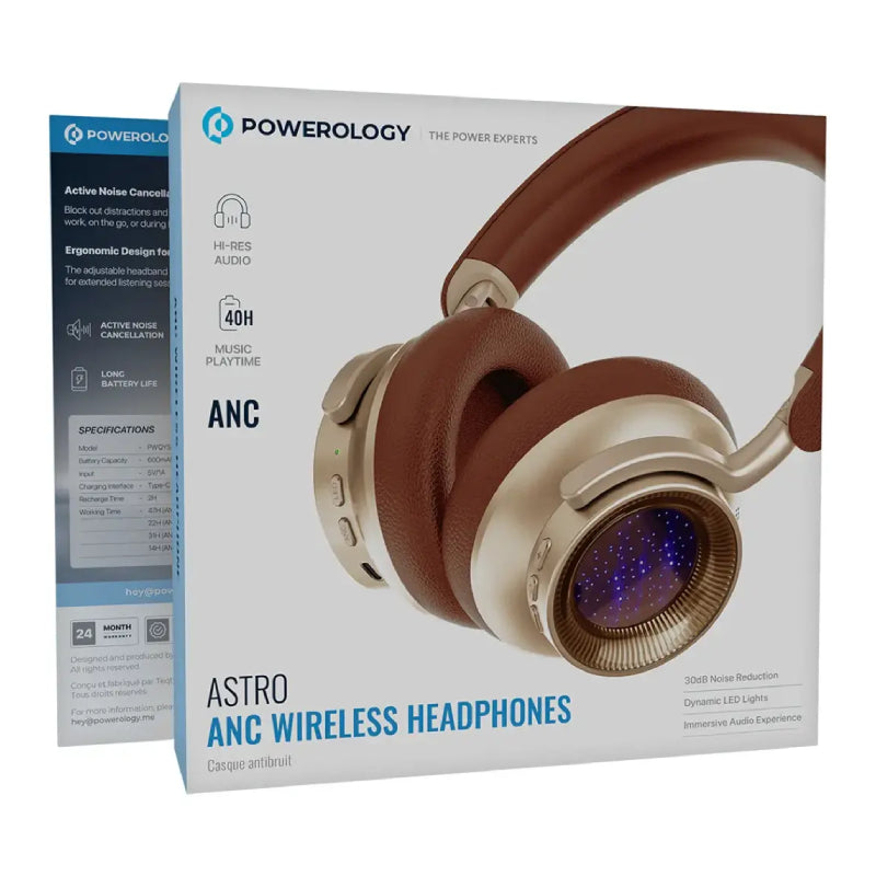 Powerology Astro Active Noise Cancelling Wireless Headphones - 600mAh / Bluetooth / Khaki