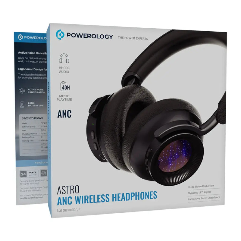 Powerology Astro Active Noise Cancelling Wireless Headphones - 600mAh / Bluetooth / Black