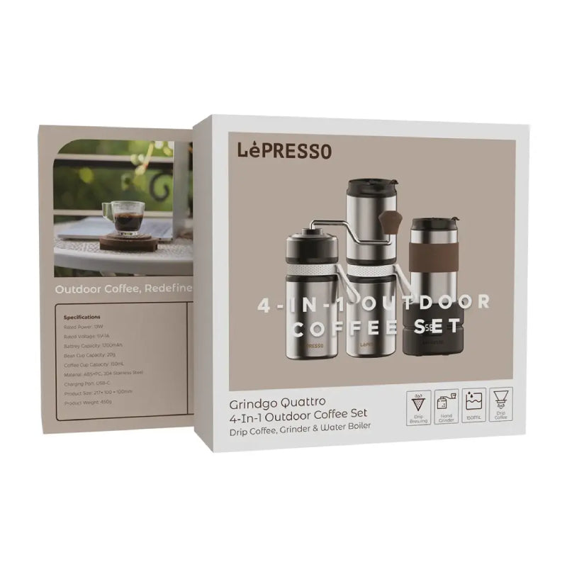 LePresso Grindo Quattro 4-in-1 Outdoor Coffee Set - Silver