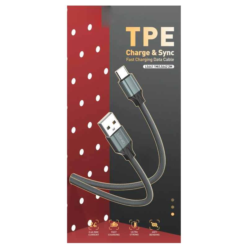 LDNIO LS442 Fast Charging Data Cable - 2 Meter / USB-A / USB-C / Grey